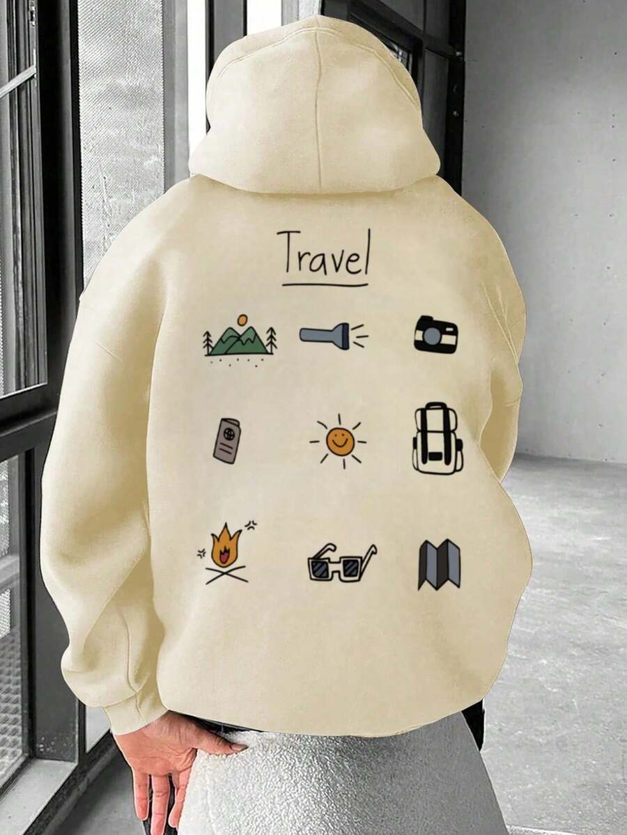 Men's Long-Sleeved Hoodie With Thermal Lining, Featuring A Print Of Forest Camping Elements And Outdoor Landscapes, Autumn/Winter - 軍綠色 - 查看 1