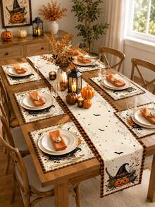 1 Set-Halloween Linen Table Runner And Placemats Set, Witch Hat Pumpkin Bat Spider Web Buffalo Plaid Dining Table Decor, Fall Kitchen Table Decorations For Farmhouse Home, Halloween Party, Holiday Dinner And Spooky Home Decor - Multicolor - View 4