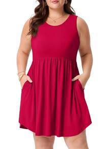 Vestidos de Verano Cueply de Talla Grande para Mujeres con Curvas, Vestidos Midi Casuales sin Mangas con Cuello Redondo y Corte Holgado - Burdeos - Ver 2