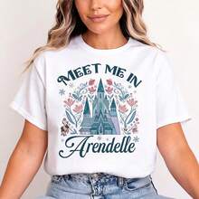 Camiseta de mujer, estampada con motivos florales y de letras del castillo de Arendelle de < Congelado > , de manga corta,  algodón playeras mujer básicas blusas Y2K gym fitness c - Blanco - Ver 1