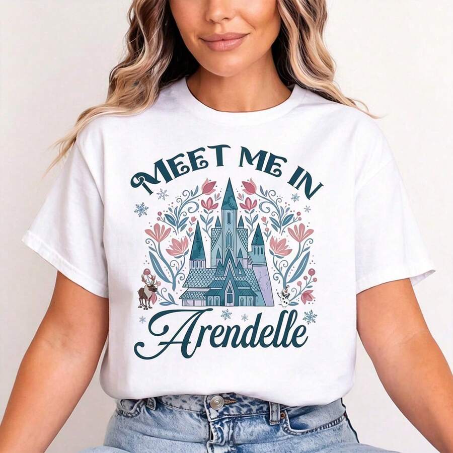 Camiseta de mujer, estampada con motivos florales y de letras del castillo de Arendelle de < Congelado > , de manga corta,  algodón playeras mujer básicas blusas Y2K gym fitness c - Blanco - Ver 1