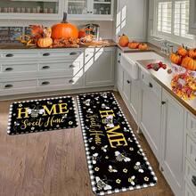 [Holiday Gift] 1pc, 1pc Farmhouse Kitchen Mat With Black Background And Yellow Bee Decorative Pattern, Holiday Gift, Festive Party Decoration Accessories, Soft Flannel Material For Sink Area, Hallway Runner Mat, Suitable For Living Room, Bedroom, Din - Multicolor - View 5