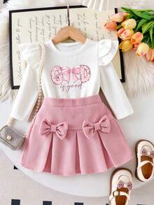 Baby Girl Cartoon Print Round Neck Long Sleeve Top And Skirt Set - White - View 1