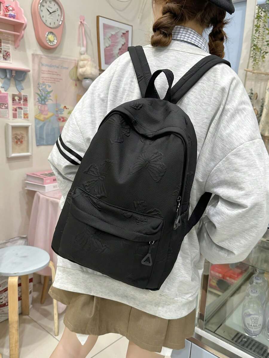1pc Solid Color Large Capacity Fashion Women's Classic Student Backpack, Versatile Commuter Multi-Pocket Backpack With 3D Bow Pattern, Suitable For Girls Travel - Black - View 1