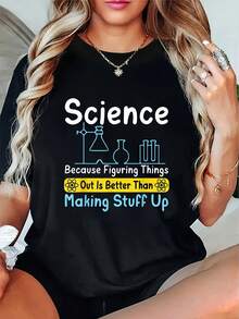 Casual Short-Sleeved, Round-Neck T-Shirt With A Printed Design, Very Suitable For Summer And Spring, Designed For Women. - Black - View 1