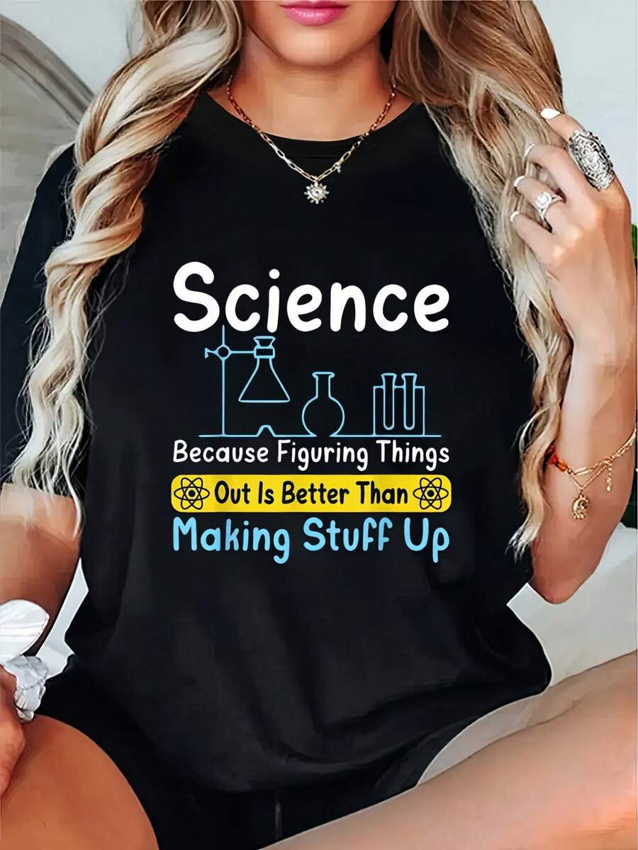 Casual Short-Sleeved, Round-Neck T-Shirt With A Printed Design, Very Suitable For Summer And Spring, Designed For Women. - Black - View 1