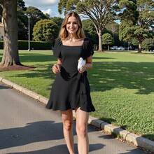 Vestido Corto Casual Ajustado De Mujer De Color Puro - Negro - Ver 4