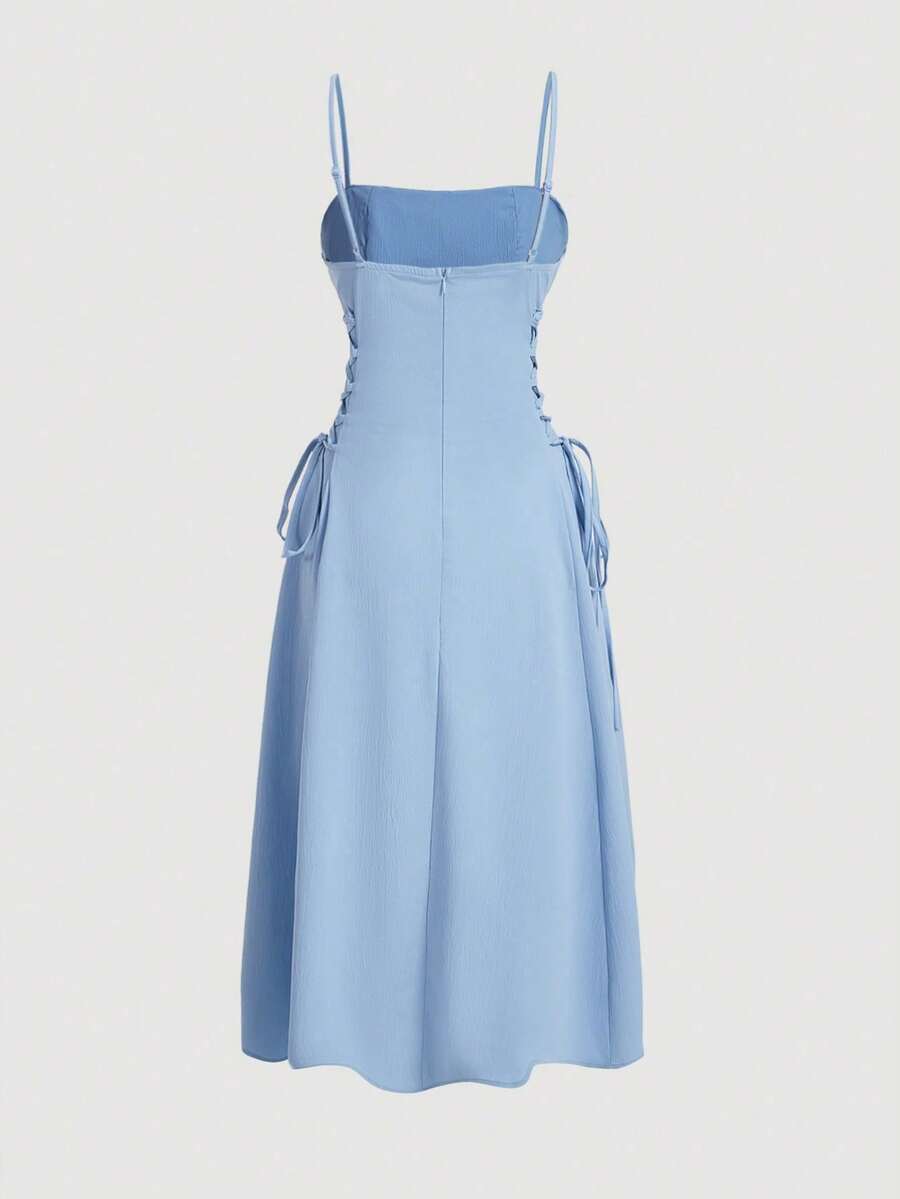 MOD Long Red Evening Dress With Pleats At The Bust And Lacing At The Sides, Summer Dresses For Women - Krem Muda - View 1