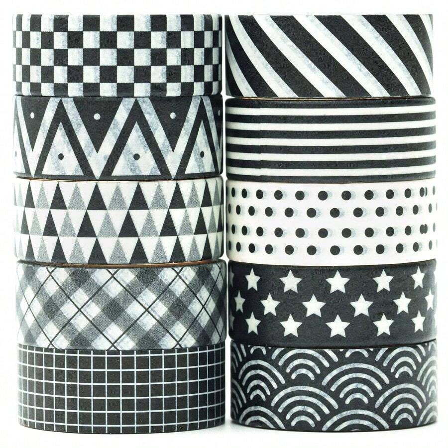 Basic Washi - Juego de 10 rollos de cintas adhesivas decorativas de punto y cuadrcula para revistas, planificadores, lbumes de recortes, envoltura de regalos, manualidades - negro Blanco - Ver 1