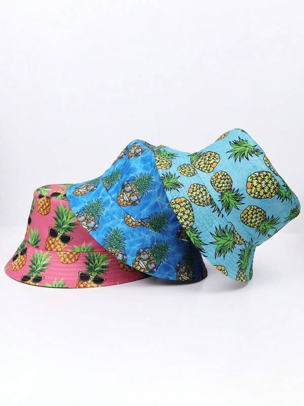 Women's Pineapple Print Bucket Hat, Summer Beach Sun Hat, Cute Cartoon Fruit Pattern, Reversible, Outdoor Travel Vacation UV Protection Hat