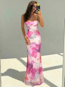 Elegant Women's Dress With Floral Print And Open Back, Summer Clothes, Beach Outfits For Women, Beach Vacation Clothes, Party Outfits, Bridesmaids - 淺粉色 - 查看 5
