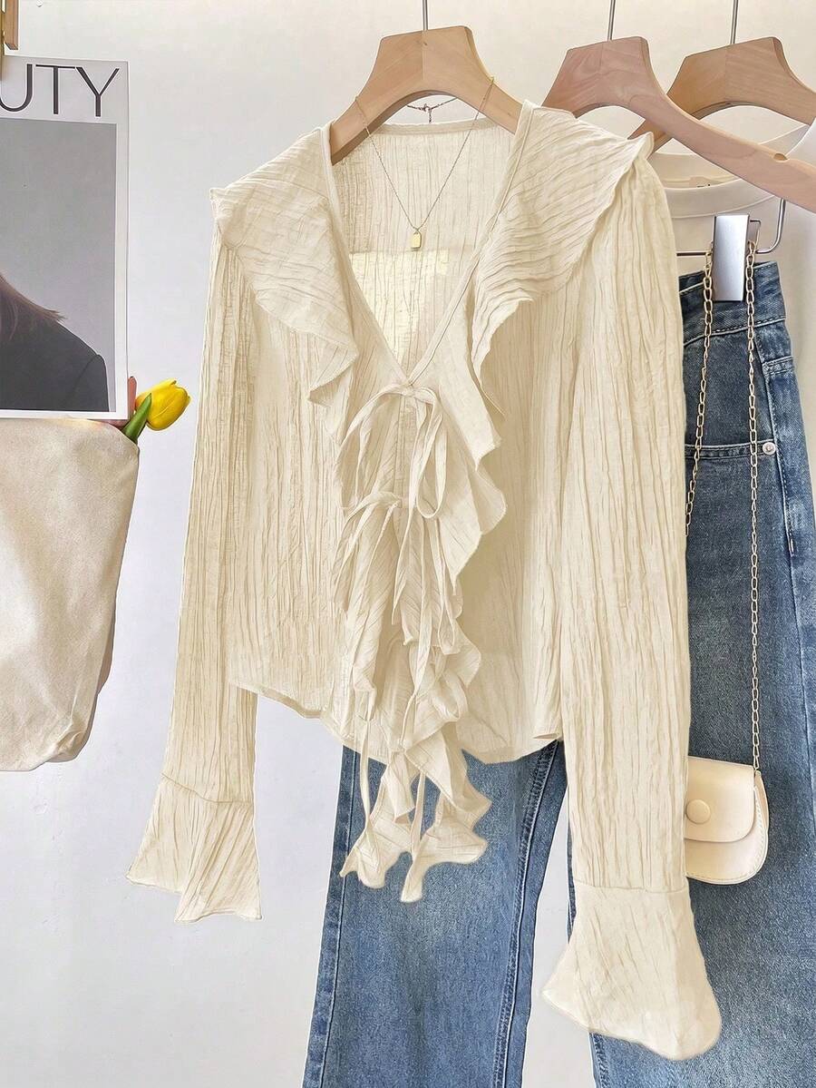Blusa con cuello en V francés, plisada y con volantes con lazo - Albaricoque - Ver 1