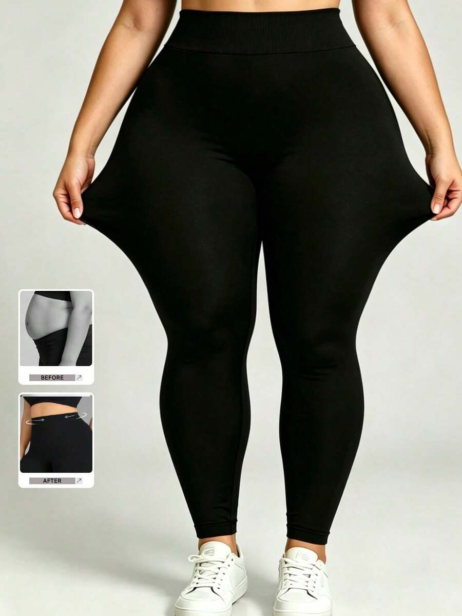 Plus Size Women's High Waist Yoga Pants, 4-Way Stretch, Tummy Control, Butt Lifting, Suitable For Workout, Running, Daily Wear Sports Black Fall