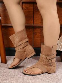 2026春夏新款女款圓頭平底內增高夾腳踝靴，腳趾環設計，尺寸偏小，建議選擇大一號 - 卡其色 - 查看 6