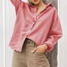 Spring/Summer 2026, European And American Fashion, Women's Loose Fit Long Sleeve Shirt With Reversible Collar In Cotton And Linen - 灰色 - 查看 2