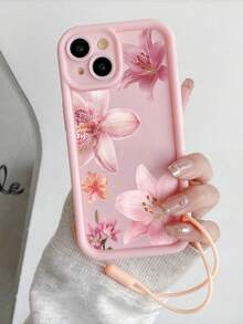 1 pieza Funda de teléfono TPU con patrón minimalista de lirio rosa a prueba de caídas compatible con la serie de teléfonos Apple, correa de muñeca de silicona adicional compatible con iPhone 16Pro Max/15plus/14/13/12/11/8P/XSMAX y Galaxy S24 Ultra/S23FE/S22/S21/S20/A52S/A15/A03 - Multicolor - Ver 1