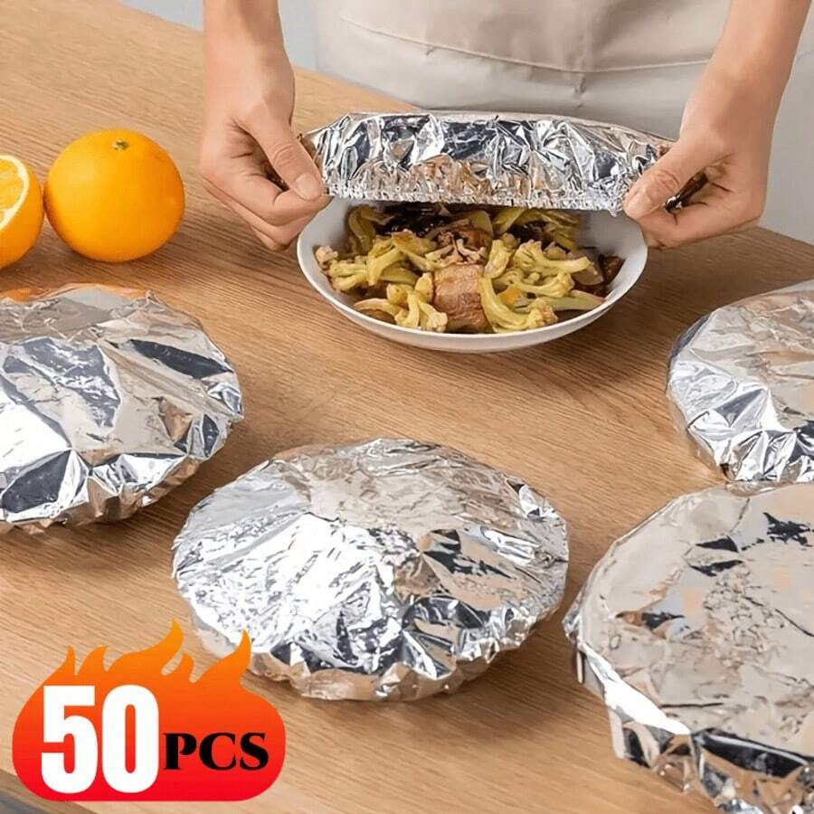 50 Reusable Aluminum Foil Elastic Insulation Covers - Aluminum Foil Covers, Kitchen Cling Film Covers, Suitable For Bowls, Plates, Tableware - Keep Food Warm And Fresh, Food Preservation Equipment, For Baking Use - Aluminum Foil Food Lid - View 1