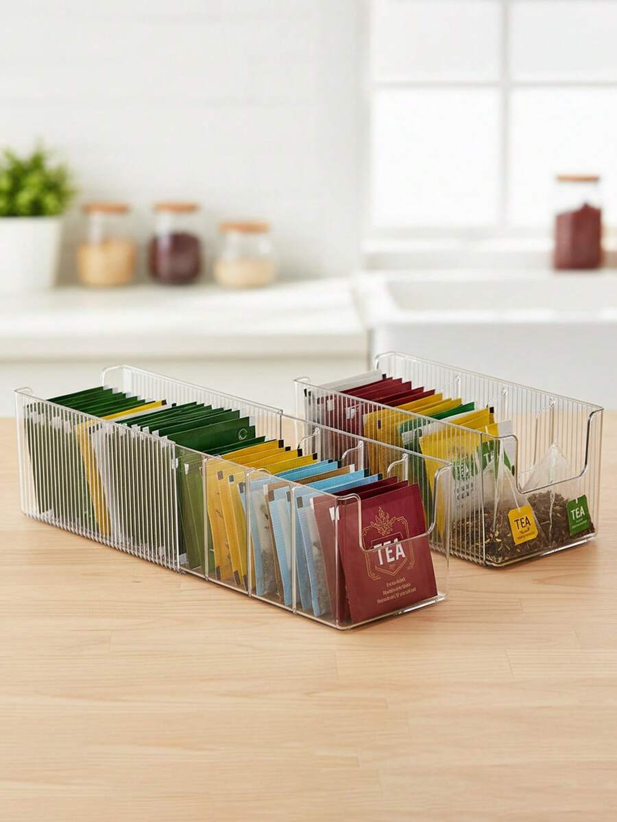1pc Foldable Transparent Acrylic Tea Bag Storage Rack, Multi-Functional Coffee Capsule & Candy Packet Organizer Box, Expandable Clear Storage Box With Adjustable Drawer Dividers, Suitable For Bedroom, Kitchen, Cookware, Tools, Closet - Transparent - View 1