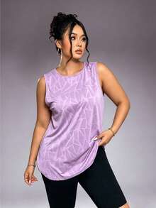 1pc Women Plus Size Casual Sports Tank Top, Round Neck With Curved Hem, Summer - Purple - View 7