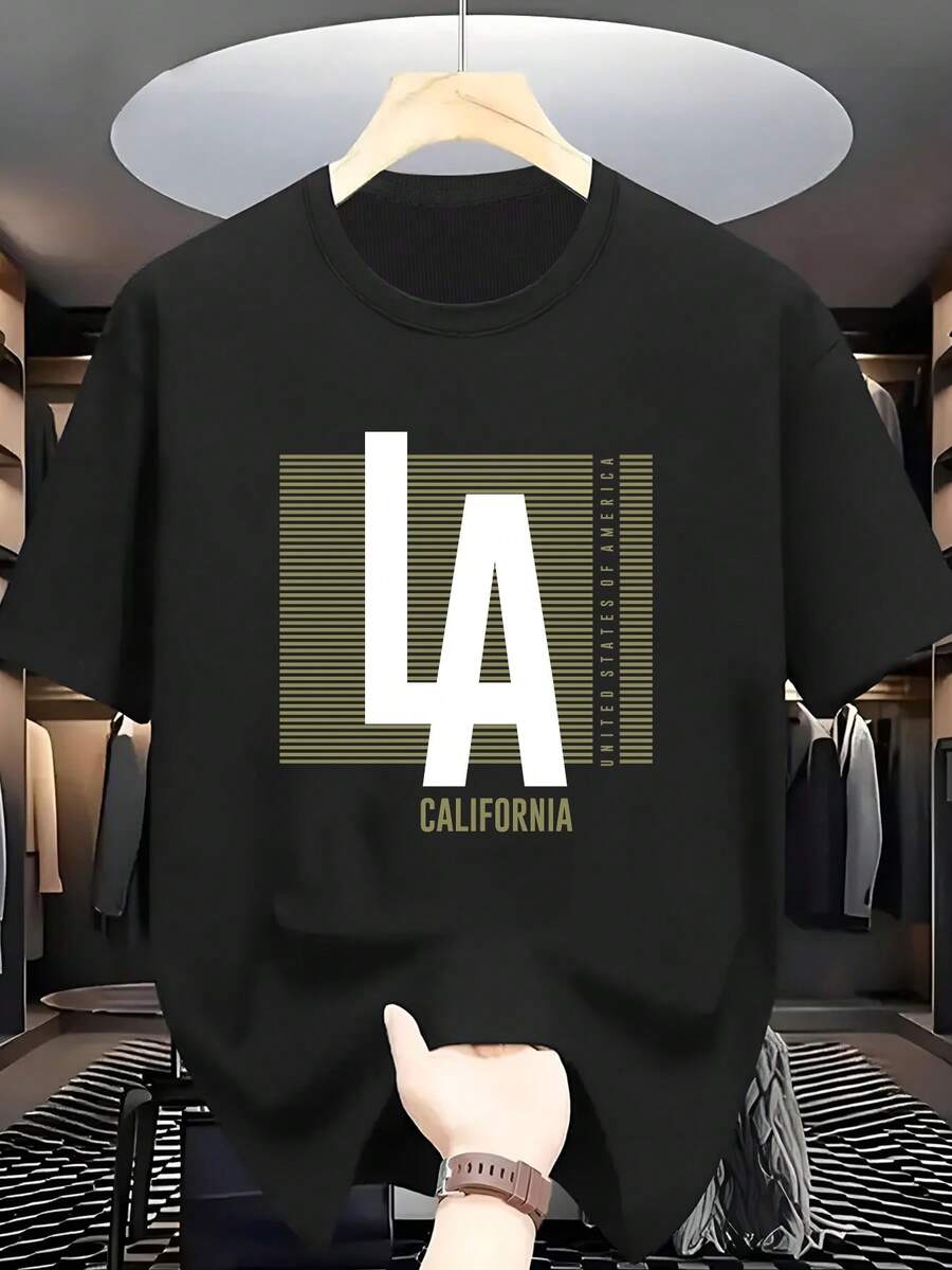 Camiseta de Talla Grande para Hombre 100% con Logo LA y Elemento de California, Camiseta de Manga Corta para Hombre, Cómoda y Casual para el Verano - Negro - Ver 1