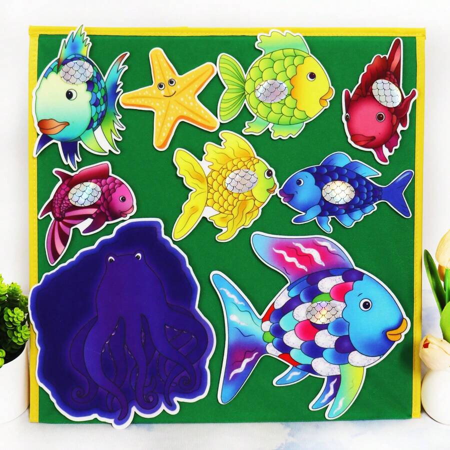 Quixorblex 17pcs Felt Storytelling Props, Rainbow Fish Theme Cartoon Fish Shape, Interactive Montessori Learning Teaching Aids, Handmade Soft Texture Reward And Activity Educational Support, Teaching Tools, Suitable For Classroom, Home And Early Education - Multicolor - View 1