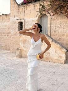 Wedding Party Birthday Party Anniversary Graduation Party Music Festival Solid Color Multi-Layer Ruffle Backless Spaghetti Strap Dress White - White - View 2
