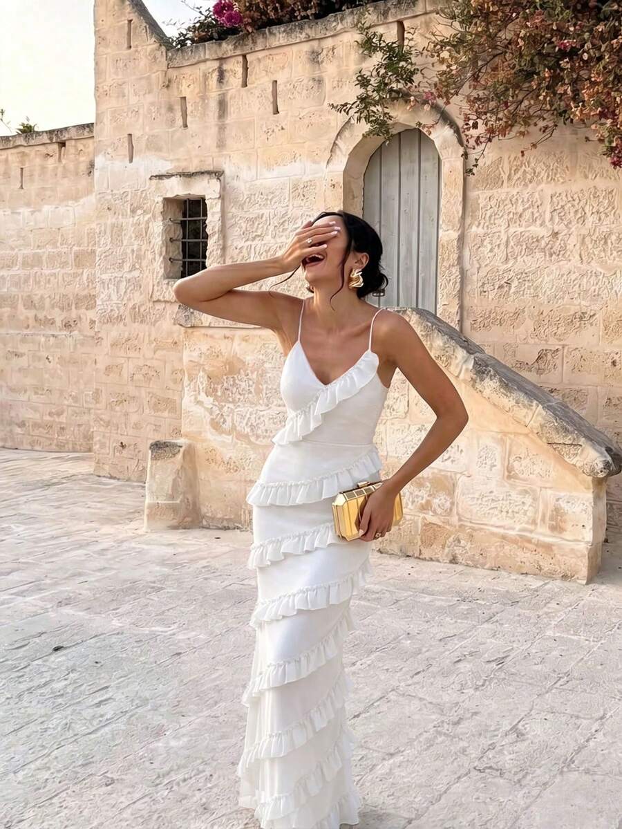 Wedding Party Birthday Party Anniversary Graduation Party Music Festival Solid Color Multi-Layer Ruffle Backless Spaghetti Strap Dress White