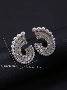 1 paire de boucles d'oreilles pendantes de luxe géométriques avec CZ 5A & perles fausses, monture en cuivre, pour mariage & robes de soirée, fêtes - Superbes boucles d'oreilles - Voir 9
