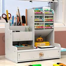 1pc Desktop DIY Pen Holder Storage Box, Multi-Functional Office Supplies Stationery Box, Large Capacity Student Wood-Plastic Pen Rack Organizer - White - View 7