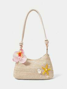 Bolso de Hombro Elegante de Moda Coreana, Bolso Bandolera Versátil para Uso Diario de Mujeres - Bolso de paja blanco con rayas horizontales y estrella de mar amarilla. - Ver 2