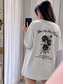 女士圆领宽松百搭简约字母玫瑰花印花短袖T恤，春夏休闲款 - 淺花灰 - 查看 3