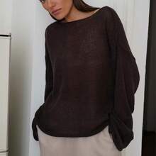 Nuevo top de punto calado estilo europeo y americano para otoño e invierno para mujer, suéter fino y transparente de malla tejida, holgado, sexy y de cuello redondo para mujer. - Morado - Ver 3