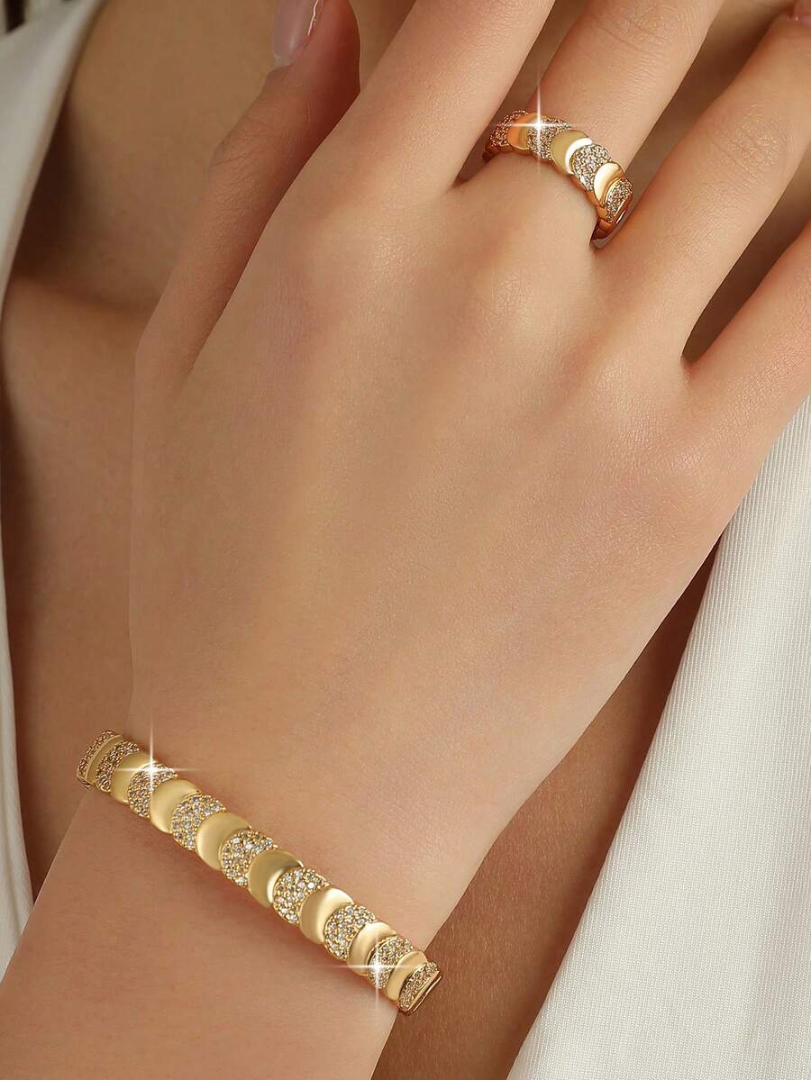 2pcs/Set Perhiasan Gelang & Cincin Zirkonia Kubik Motif Bulan yang Indah, Gelang Pesona Modis untuk Pertunangan, Pernikahan, Pesta, Pemakaian Sehari-hari, Festival Musik - Yellow Gold - View 1