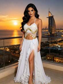 Bohemian Coin Trimmed Halter Crop Top With High Slit Chiffon Maxi Skirt For Beach Vacations, Desert Festivals & Rave Outfits (Available In Multiple Colors) - Multicolor - View 20
