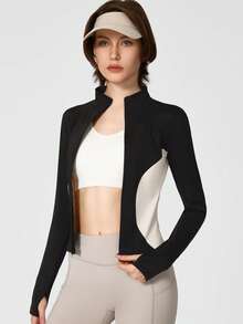 NcmRyu 1pc Women's Small Stand Collar Zipper Yoga Tennis Golf Training Sports Jacket - Black - View 5