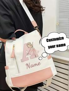Personalized Custom Name A-Z 26 English Letters Premium Backpack, Fashion Anti-Theft Versatile Large Capacity Travel School Bag, Exquisite Cute Pink Ballet Girl Pattern Fashion Contrast Color Design Lightweight Large Capacity, Perfect For Daily Outings, Work Commute, School - White and Pink - View 4