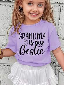 Versatile And Modern Casual T-Shirt For Girls With A Print Of The Phrase "My Grandmother Is My Best Friend". - 紫色 - 查看 1