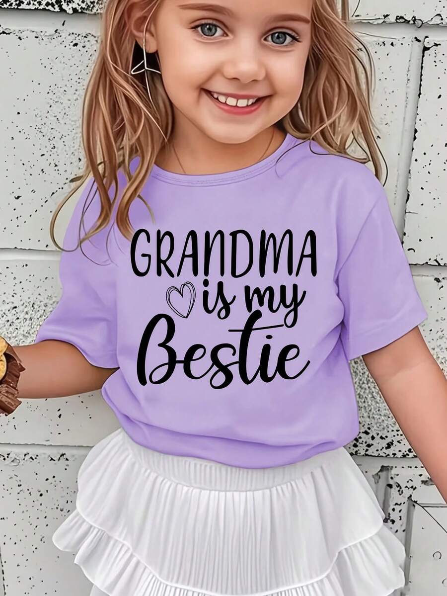 Versatile And Modern Casual T-Shirt For Girls With A Print Of The Phrase "My Grandmother Is My Best Friend". - 紫色 - 查看 1