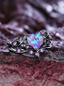 2pcs/Set, Vintage Purple Heart-Shaped Cut Synthetic Opal & Leaf Design Gunmetal Black Ring Set, Suitable For Holiday Party & Daily Wear, All Seasons - Purple - View 2