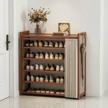 6-Tier Free Standing Shoe Rack, Bamboo & Density Board Storage, Top Shelf For Keys, Front Privacy Curtain, Entryway Doorway Organizer - Brown - View 8