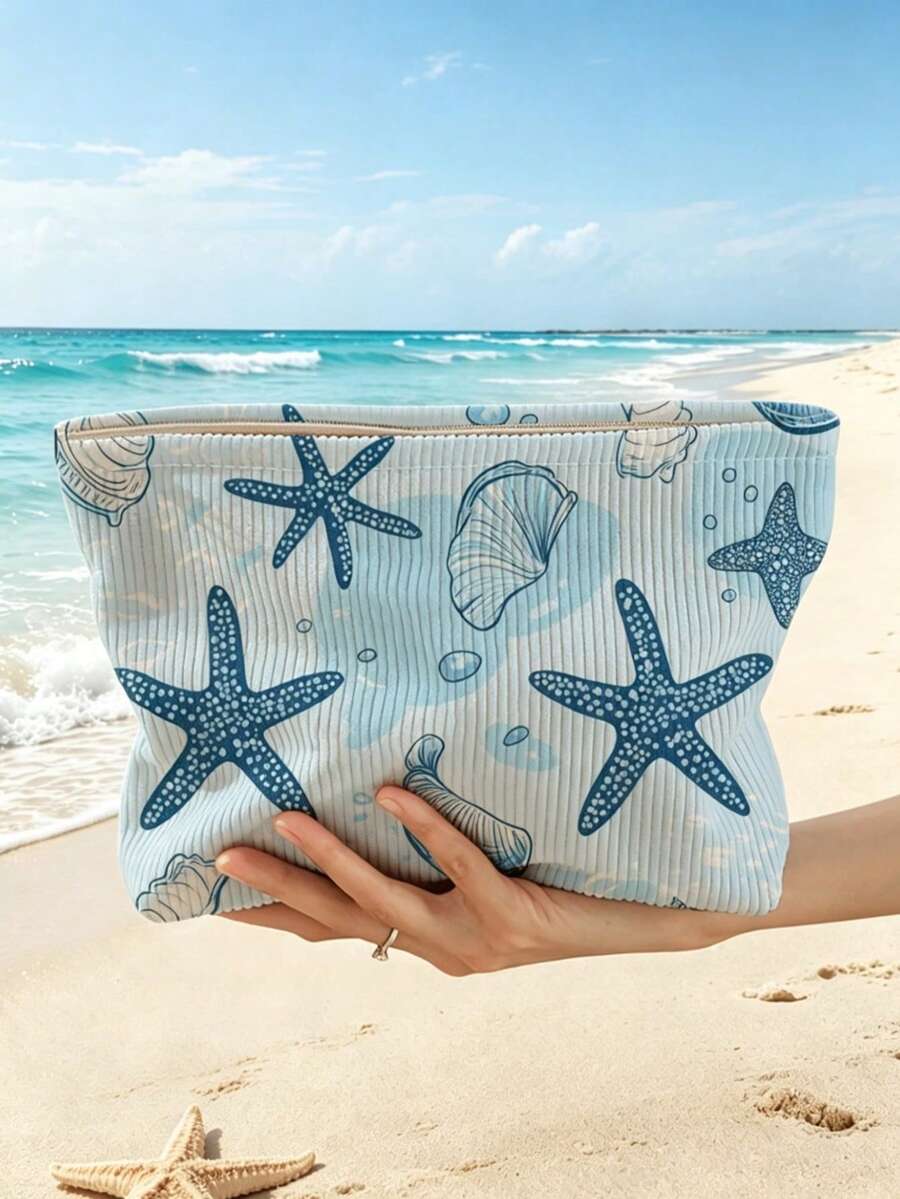 藍色海灘主題化妝包 | 貝殼與海星印花化妝收納袋 | 夏季印花旅行收納袋 | 旅行必需品 | 泳池畔伴侶 | 洗漱包 | 泳池收納袋 | 母親節禮物 | 教師節禮物 | 適合媽媽、老師、朋友和護理師 | 夏季海灘包 | 家居必需品 | 易清潔設計 | 便攜化妝盒 - 彩色 - 查看 1