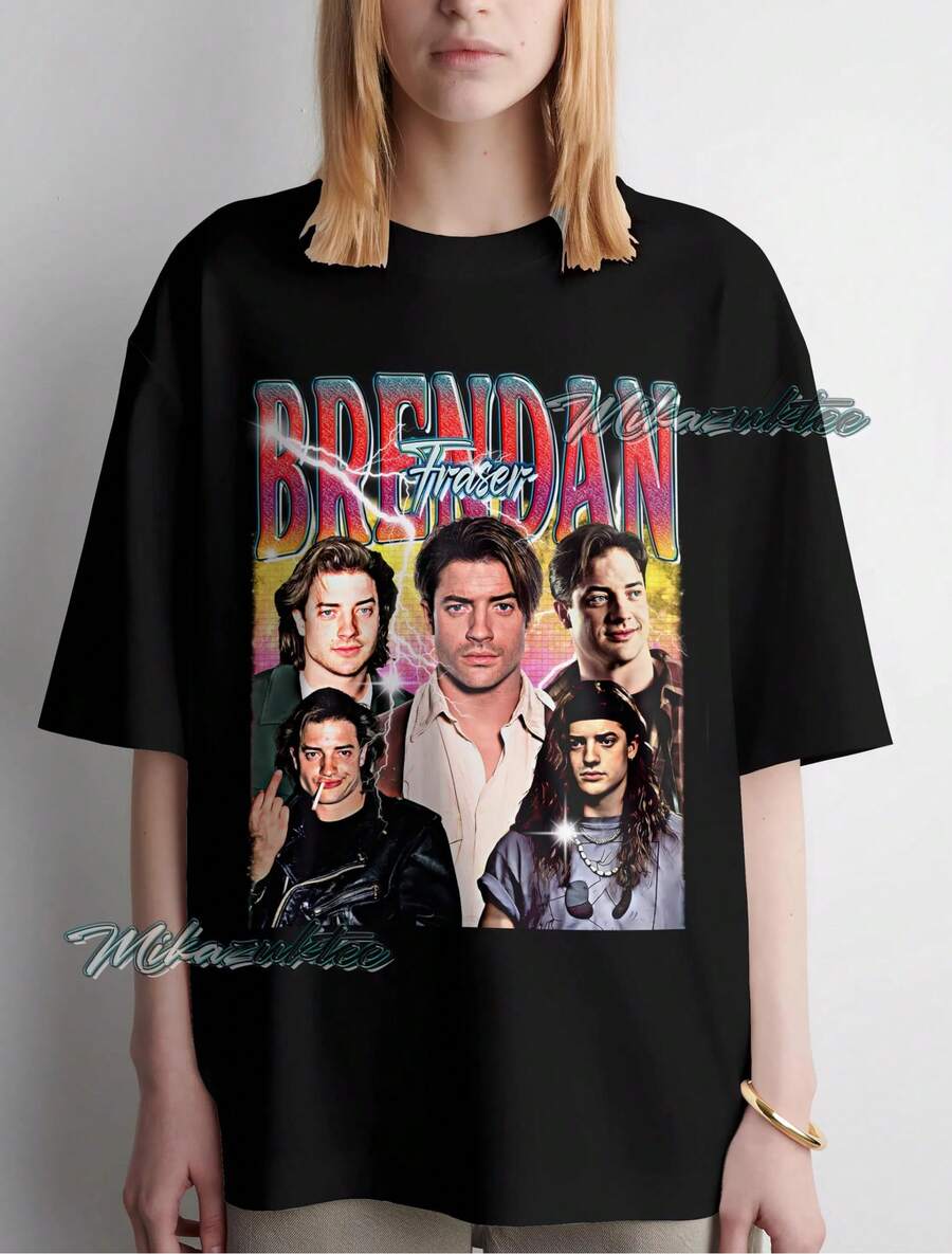 Brendan Fraser Shirt, Vintage Style Print Graphic Textured Text Design Shirt, Prime Age BrendanTshirt - 黑色 - 查看 1