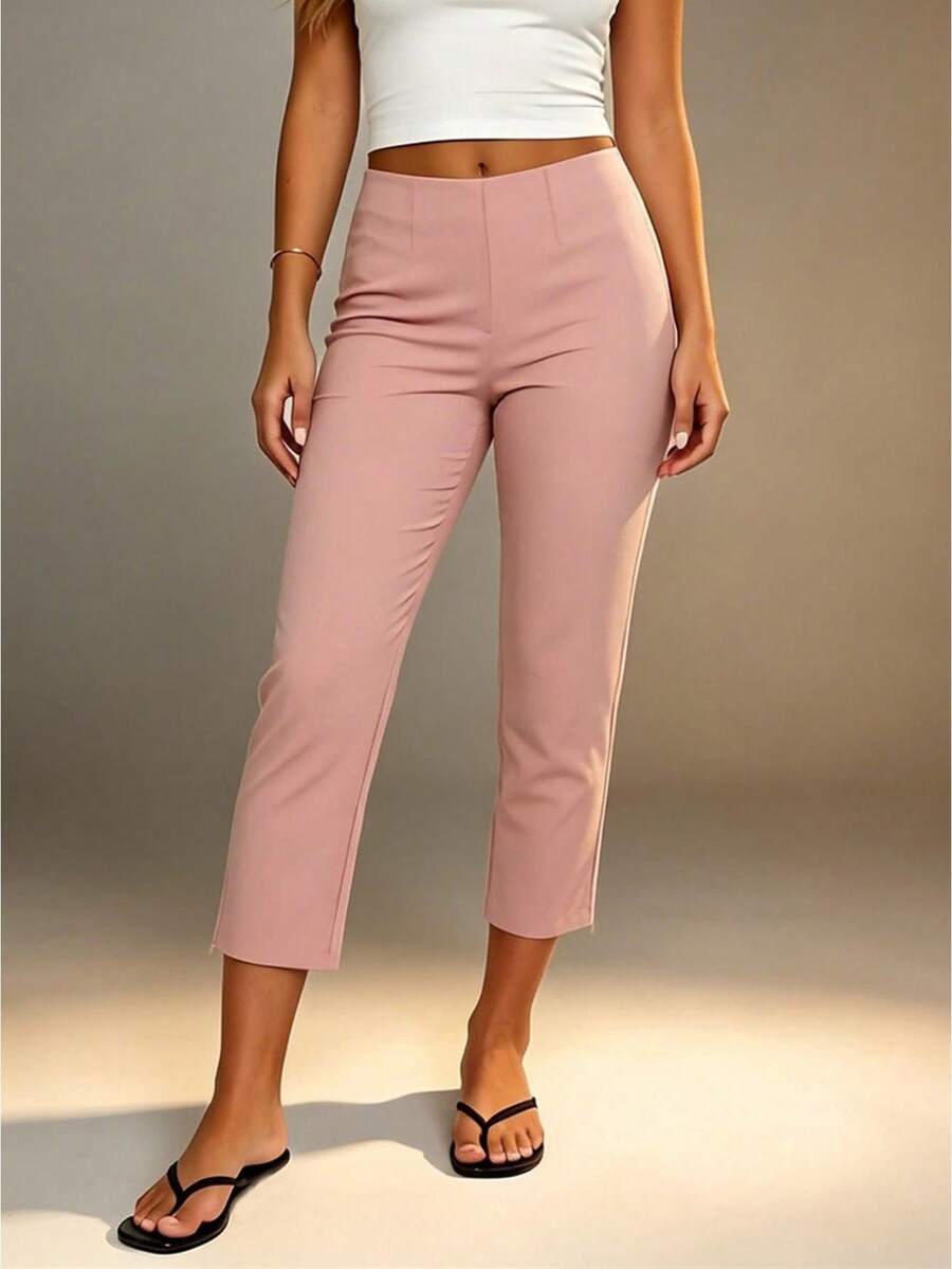 Women's High Waist Split Hem Capri Slim Flare Cropped Pants Y2K Casual Daily Summer Streetwear Bottoms - Pink - View 1
