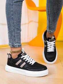 Women's New Lace-Up Skateboard Shoes, Plus Size Unisex Couple Shoes, Modern Fashion Outdoor Street Campus Versatile Casual Sports Shoes, Soft Sole Comfortable Not Tiring - Black - View 2