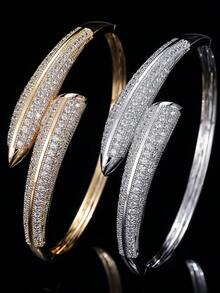 1pc Women's Nail Design Full Rhinestone Open Cuff Bracelet, Gold/Silver Color Option, Luxury Sparkling Bangle, Versatile Accessory For Daily Wear, Commute, Date, Party - Silver - View 1