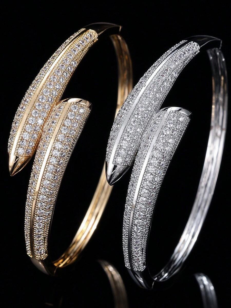 1pc Women's Nail Design Full Rhinestone Open Cuff Bracelet, Gold/Silver Color Option, Luxury Sparkling Bangle, Versatile Accessory For Daily Wear, Commute, Date, Party - Silver - View 1
