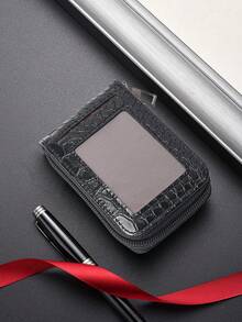 HOVI'S Men's Slim PU Card Holder - Stone Texture, Zipper Closure & Multiple Card Slots, Durable PU Material, Compact Portable Credit Card Organizer - Black - View 5