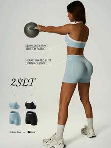 UONNOU 2 conjuntos de ropa deportiva sin costuras para mujer primavera verano, sujetador deportivo con cuello halter y espalda abierta con ribete en contraste + shorts de cintura alta con control de abdomen y efecto levantador de glúteos - Multicolor - Ver 1