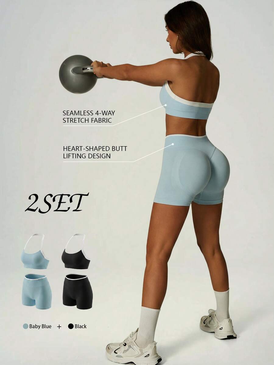 UONNOU 2 conjuntos de ropa deportiva sin costuras para mujer primavera verano, sujetador deportivo con cuello halter y espalda abierta con ribete en contraste + shorts de cintura alta con control de abdomen y efecto levantador de glúteos - Multicolor - Ver 1