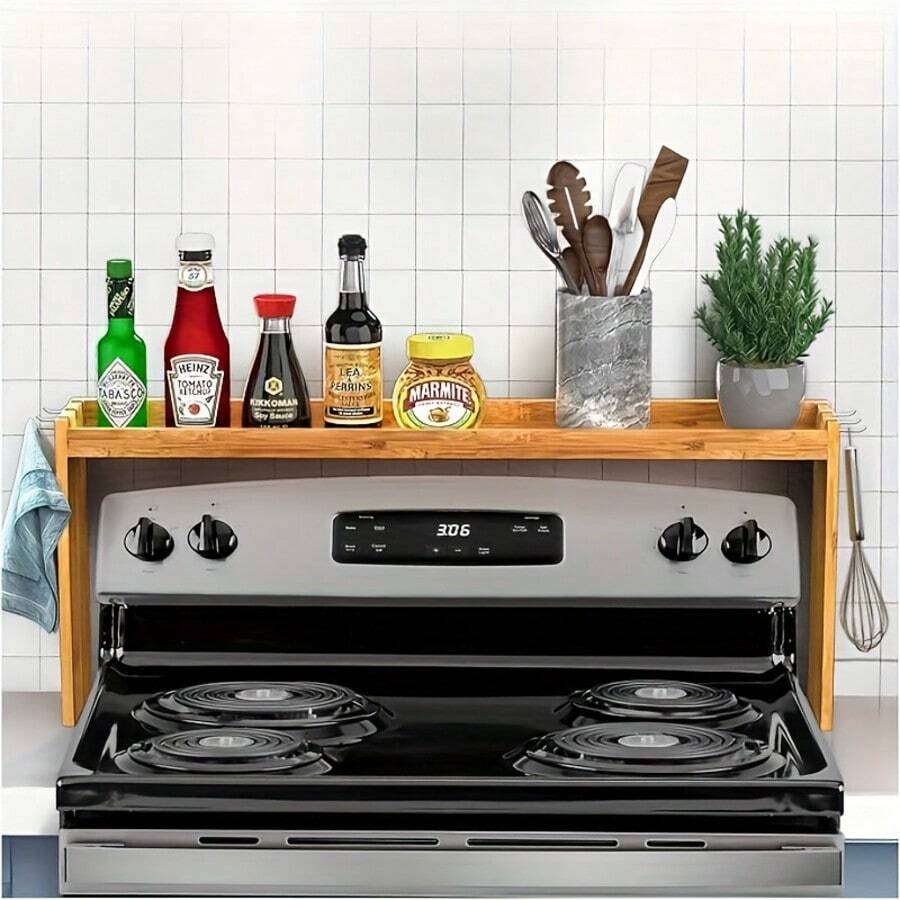 Abulun Spice Rack, 32.3-Inch Kitchen Storage Box, Stovetop Spice Rack, 13-Inch High Countertop Storage Space, Oven Back Sink Organizer, Natural